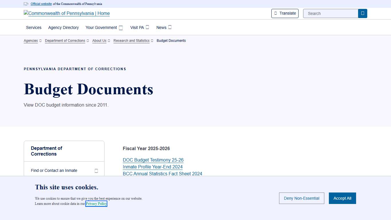 Budget Documents Department of Corrections Commonwealth of Pennsylvania